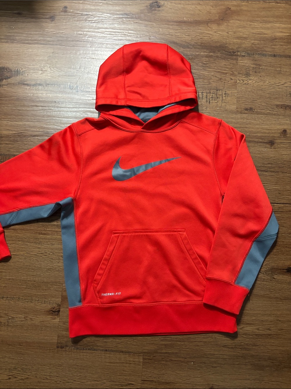 Nike Kids Red Hoodie with Gray Swoosh and Side Panels